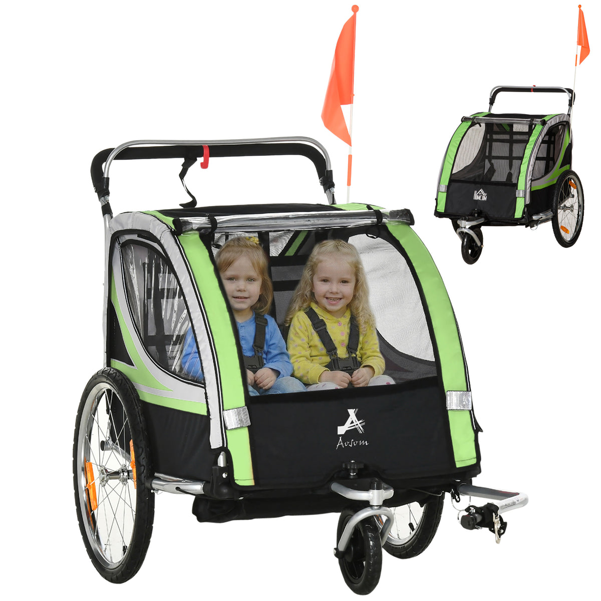 Aosom 2 Seat Bike Trailer for Kids 2-in-1 Double Baby Stroller with Handbrake, Rubber Wheels, 5 Point Harness, Waterproof Cover, Storage Bag, Reflectors