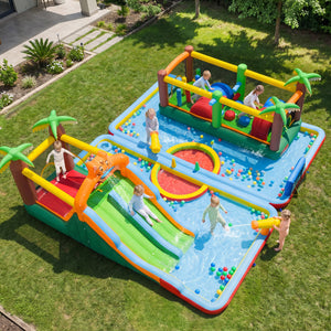 Tiger Inflatable Water Park Obstacle Bounce House with 2 Blower view 2