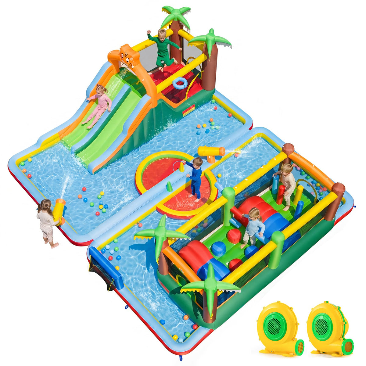 Tiger Inflatable Water Park Obstacle Bounce House with 2 Blower view 3