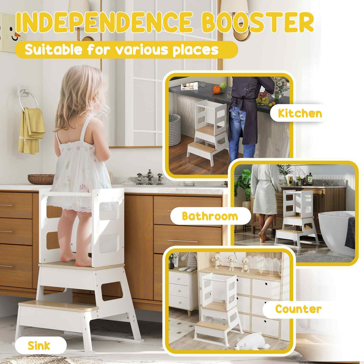 Qaba 2 in 1 Toddler Tower Kitchen Helper w/ Chalkboard, Safety Rail, for Counter, Bathroom, Sink, Kitchen, White