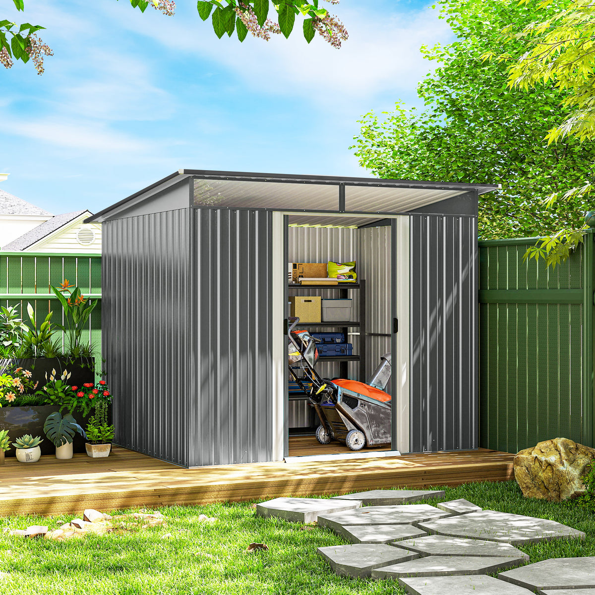 8.5' x 6' Small Gardening Shed Lockable Steel Utility Storage Outdoor Backyard Garden for Gardeners, Grey – view 21
