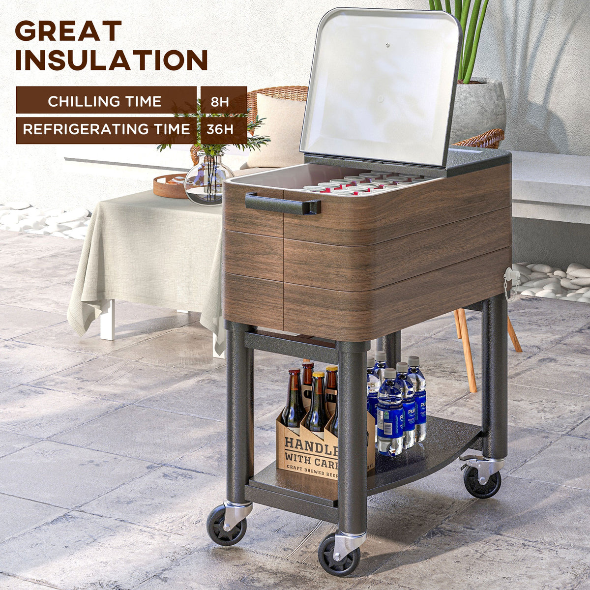 Patio Cooler, 60qt Portable Outdoor Cooler with Locking Wheels, Storage Shelf, Bottle Opener for Patio Backyard, Brown