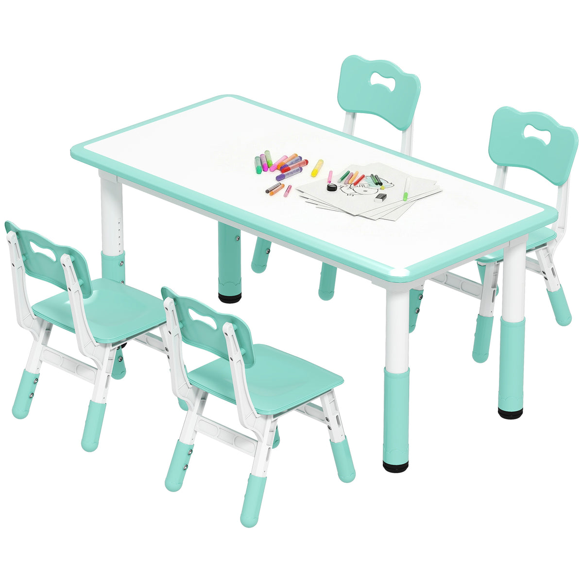 Qaba Kids Table and Chair Set with 4 Chairs, Adjustable Height, Easy to Clean, for 1.5 - 8 Years Old