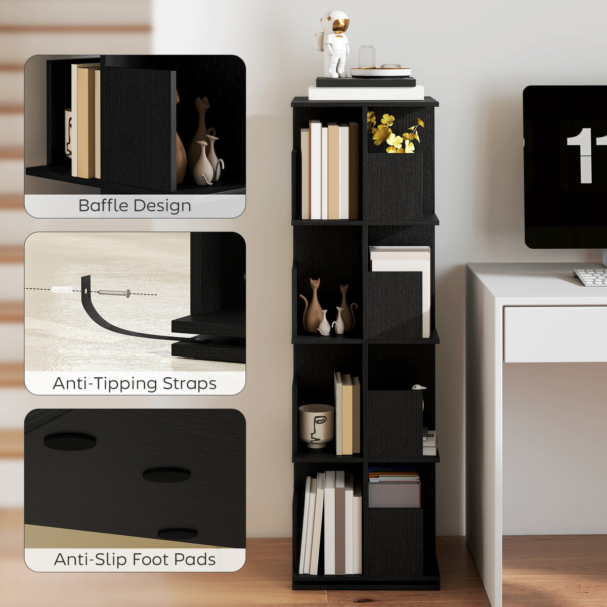 360° Rotating Bookcase with Anti-Tipping Straps, Anti-Slip Foot Pads, 4 Tier Bookshelf with 16 Cubbies for Books, Plants, Decorations, Black