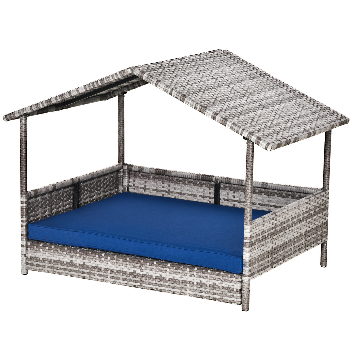 Rattan Dog House with Canopy, Wicker Dog Bed with Water-Resistant Cushion, for Small and Medium Breeds Dark Blue