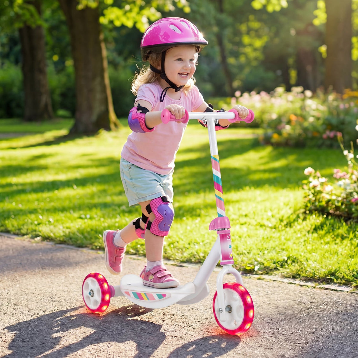 Toddlers Kick Scooter with LED Light-Up Wheels and Wide Anti-Slip Deck for Boys and Girls-Pink view 2
