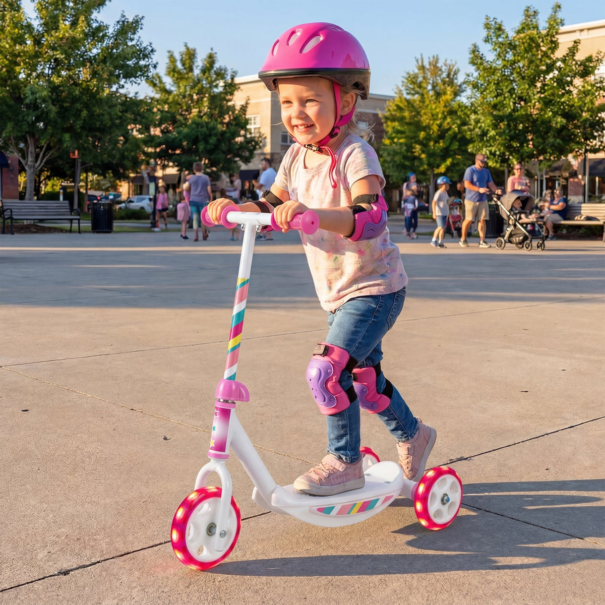 Toddlers Kick Scooter with LED Light-Up Wheels and Wide Anti-Slip Deck for Boys and Girls-Pink view 3