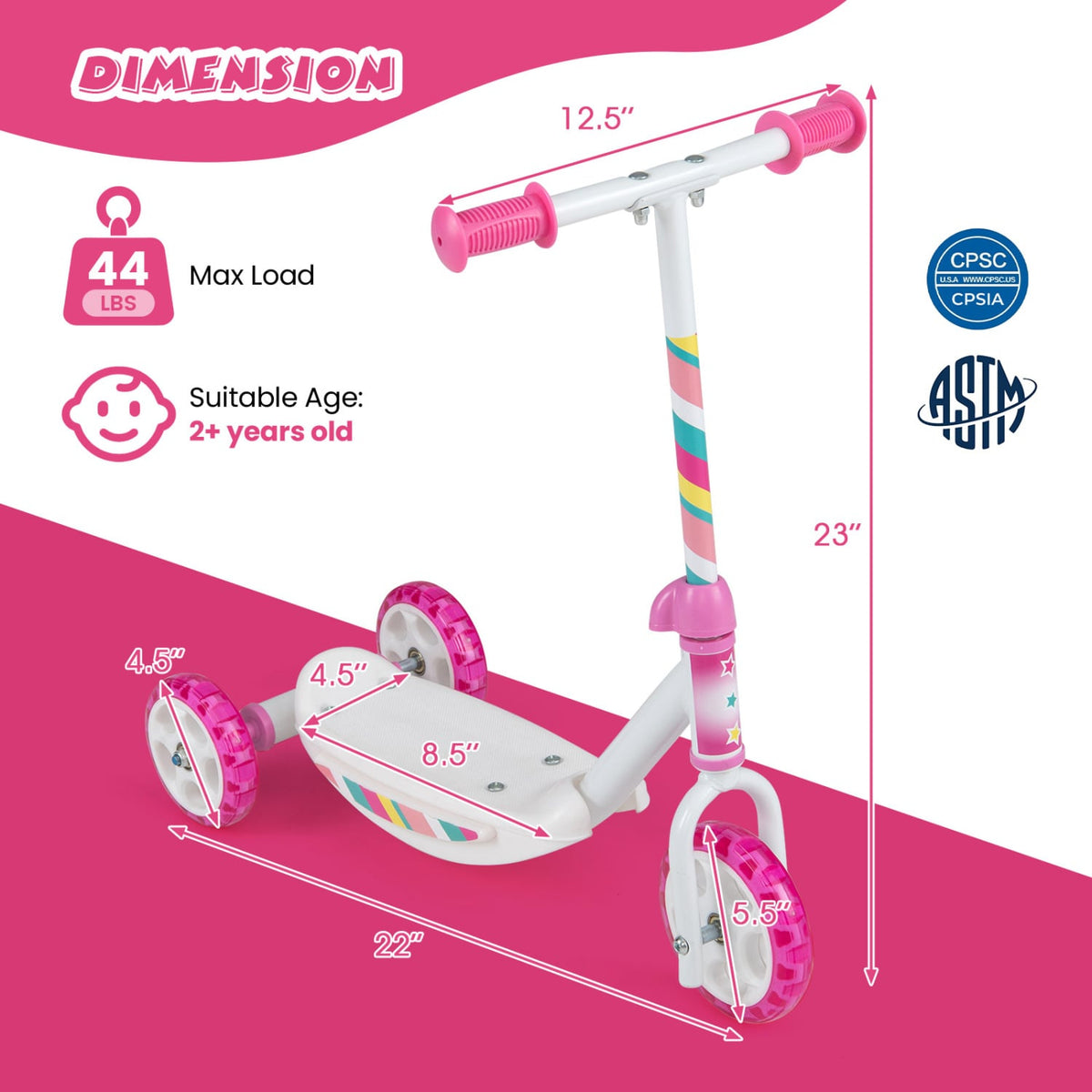 Toddlers Kick Scooter with LED Light-Up Wheels and Wide Anti-Slip Deck for Boys and Girls-Pink view 5