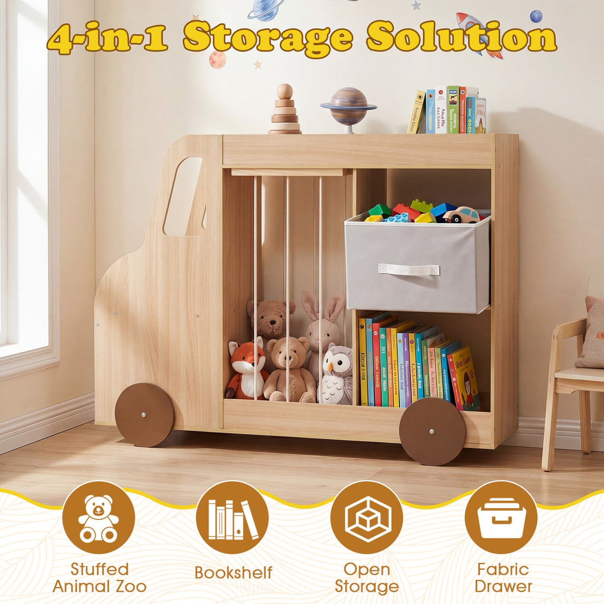 Toy Storage Organizer with Stuffed Animal Storage Fabric Drawer and Universal Wheels-Natrual view 6