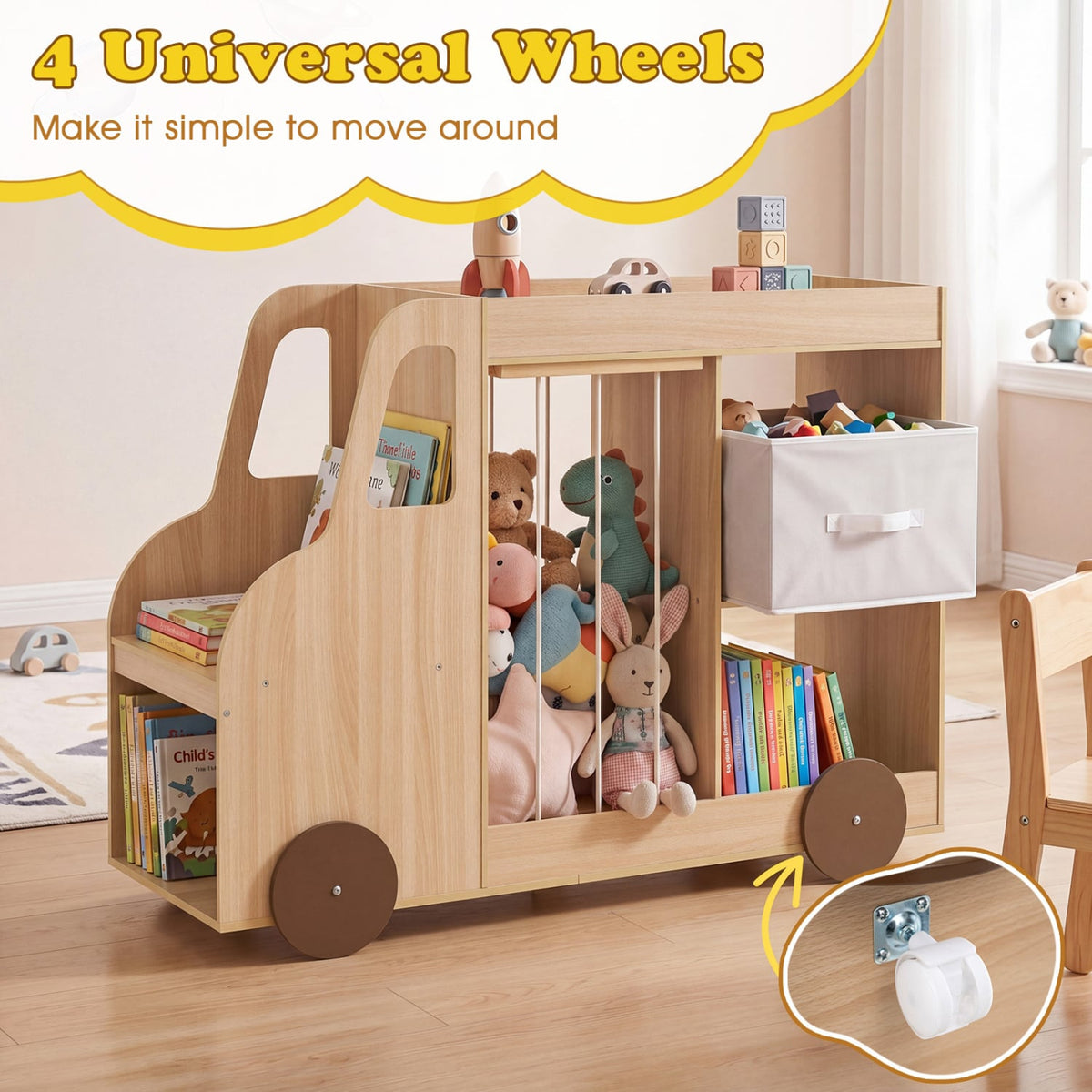 Toy Storage Organizer with Stuffed Animal Storage Fabric Drawer and Universal Wheels-Natrual view 8
