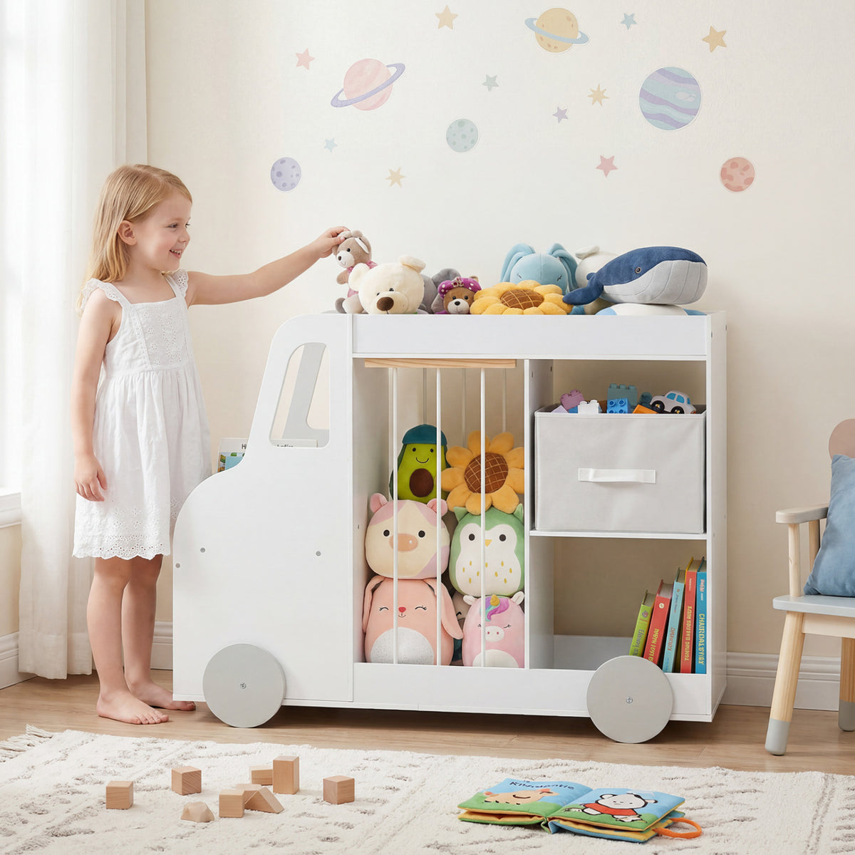 Toy Storage Organizer with Stuffed Animal Storage Fabric Drawer and Universal Wheels-White view 3