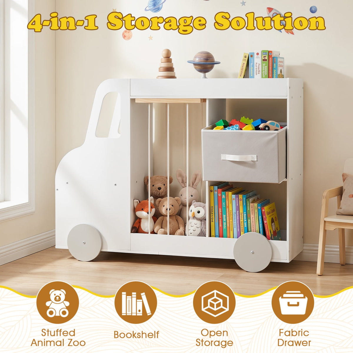 Toy Storage Organizer with Stuffed Animal Storage Fabric Drawer and Universal Wheels-White view 6