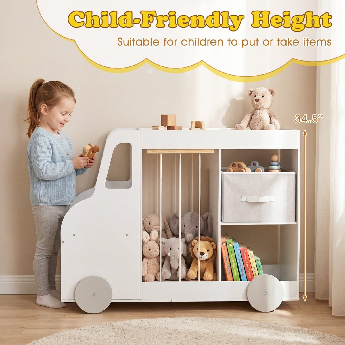 Toy Storage Organizer with Stuffed Animal Storage Fabric Drawer and Universal Wheels-White view 7