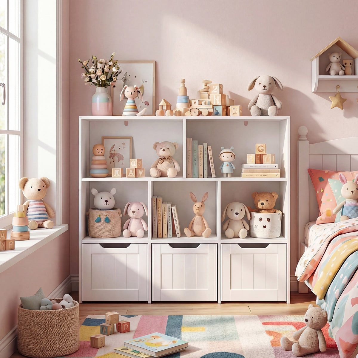 Toy Storage Organizer with 3 Movable Drawers and 5 Open Cubbies for Playroom-White view 2