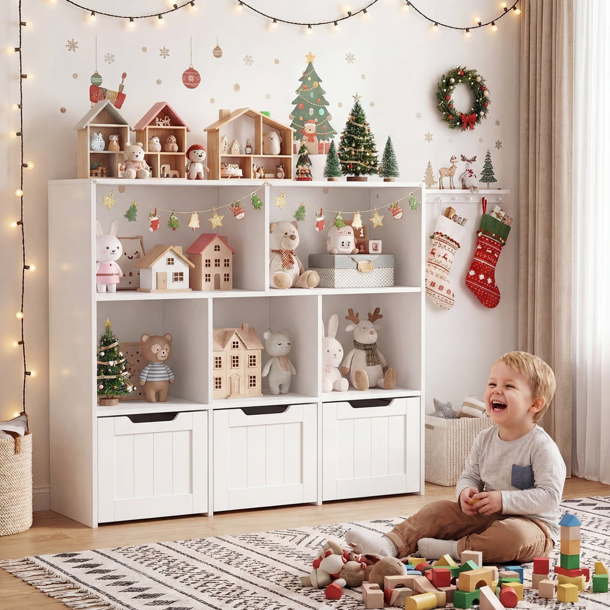 Toy Storage Organizer with 3 Movable Drawers and 5 Open Cubbies for Playroom-White view 3