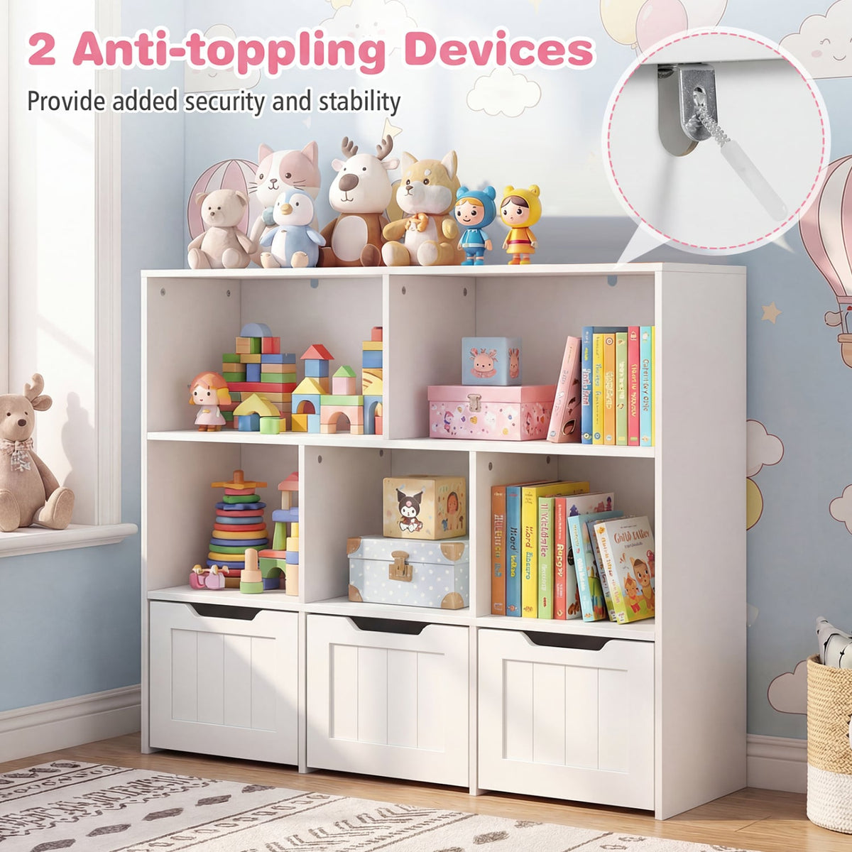 Toy Storage Organizer with 3 Movable Drawers and 5 Open Cubbies for Playroom-White view 7