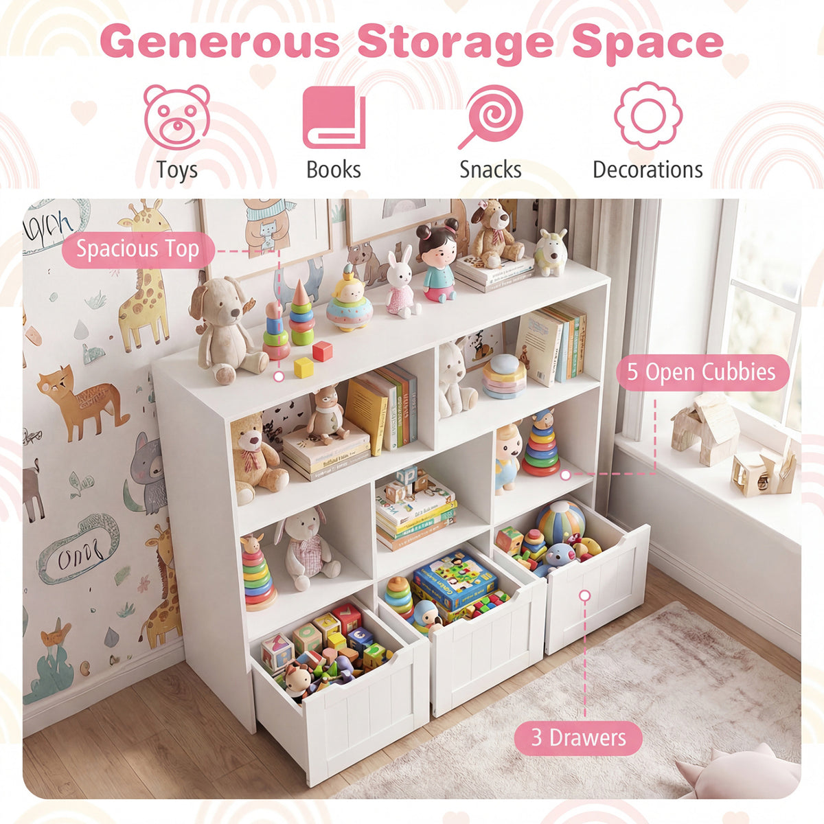 Toy Storage Organizer with 3 Movable Drawers and 5 Open Cubbies for Playroom-White view 9