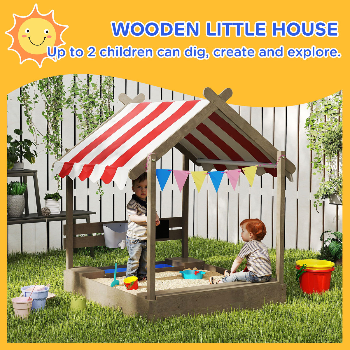 Outdoor Wooden Sandbox with Cover for 3-7 Years Old, Backyard, Brown – view 10