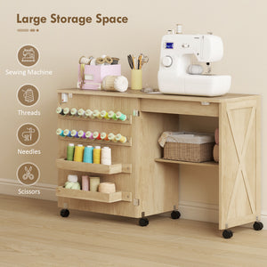 Sewing Machine Table on Wheels, Folding Craft Table with 2 Bins, Storage Shelf, 18 Pegs, Lockable Wheels – view 10