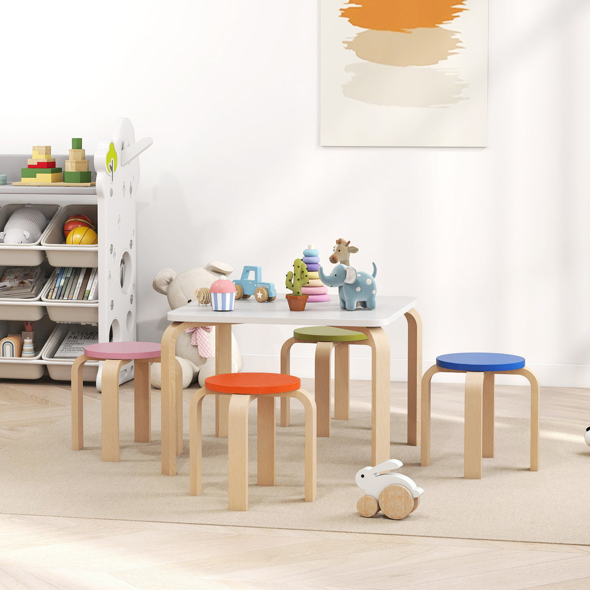 Qaba Kids Table and Chair Set, 5-Piece Children Furniture Set, Kids Table and 4 Chair Set for Daycare, Classroom, Playroom
