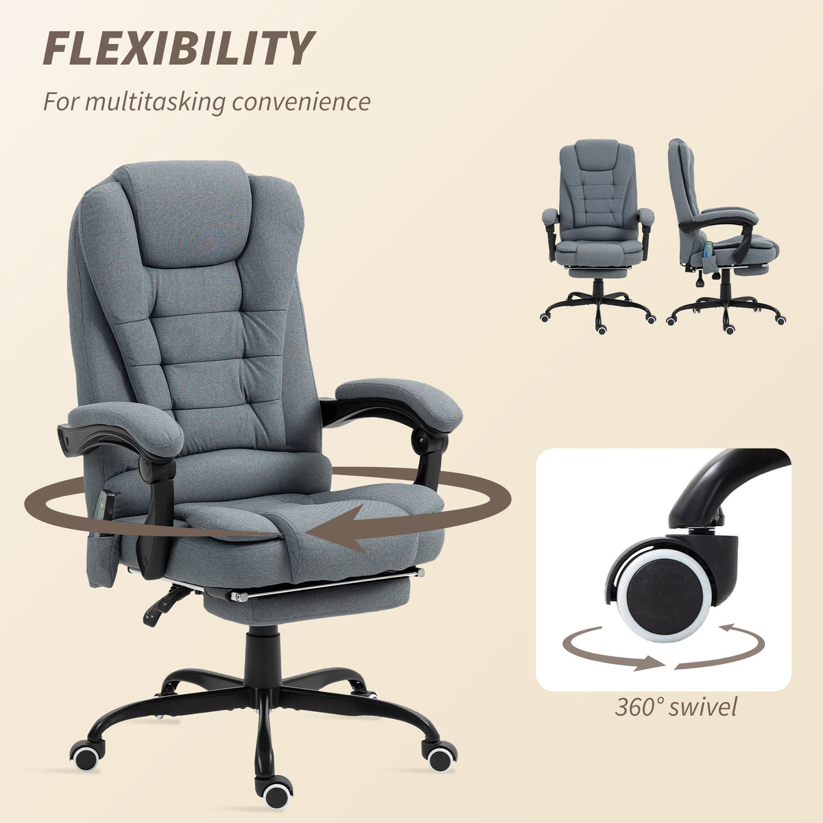7-Point Vibrating Massage Chair, Reclining Office Chair with Footrest, Reclining Back, Adjustable Height, Grey