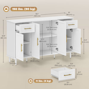 55" Buffet Cabinet with Soft-Close Doors, Modern Sideboard with 2 Drawers, 3 Adjustable Shelves and 4 Doors, White