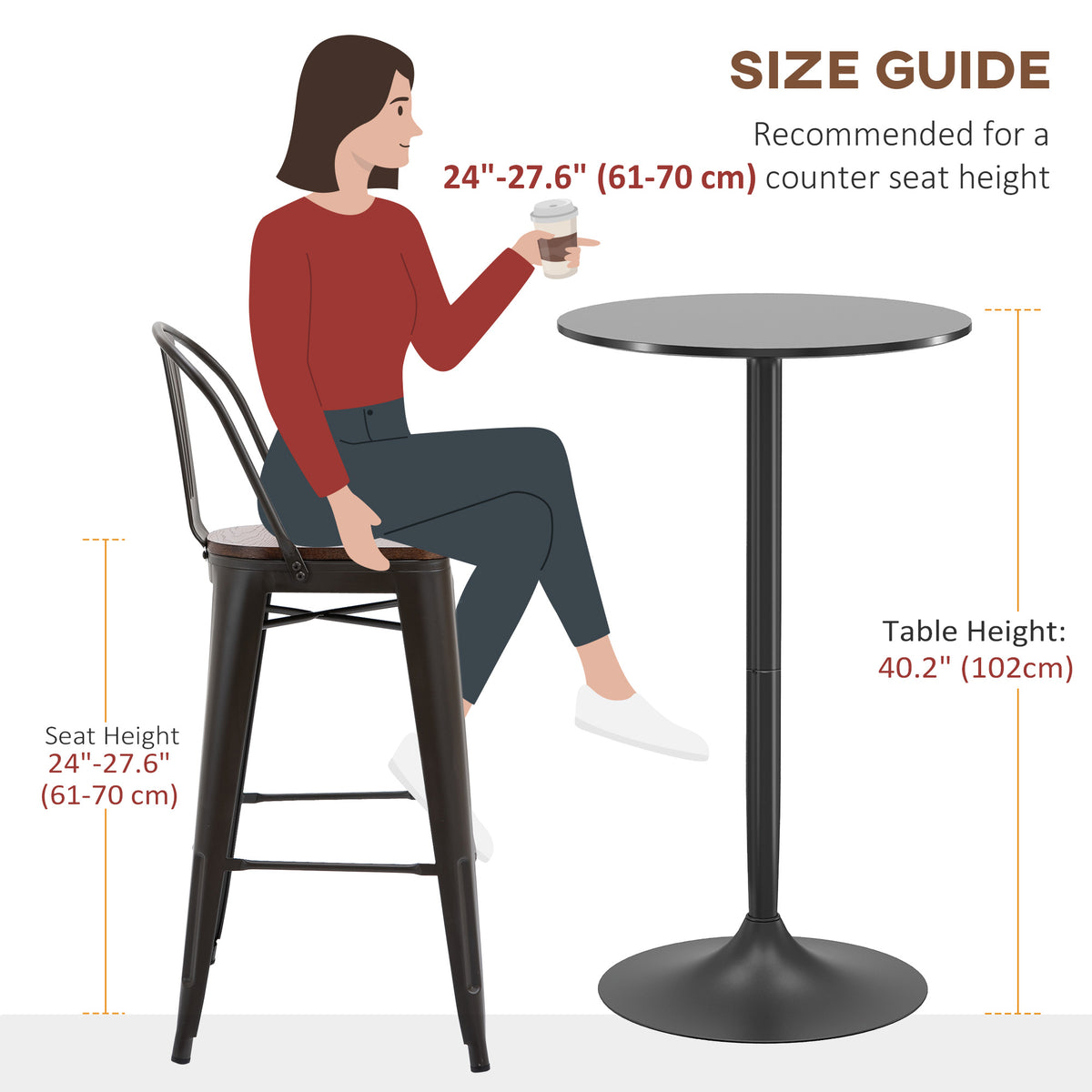 High Top Bar Table, Modern Round Dining Table with Painted Top and Steel Base, Bistro Table for 2 People – view 6