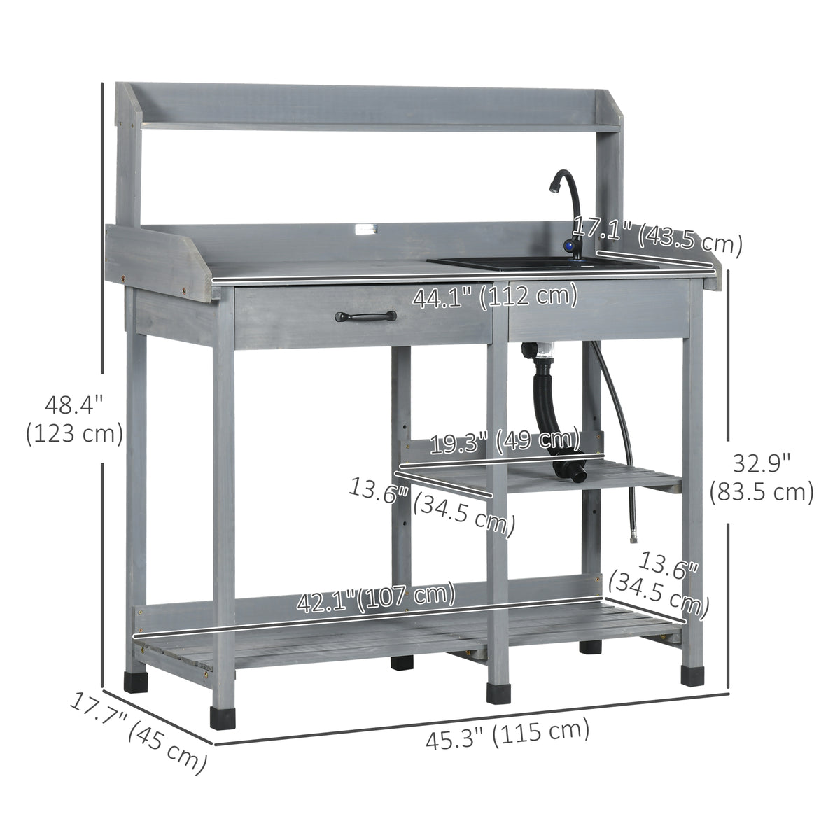 Potting Bench Table Garden Work Bench Workstation with Drawer, Removable Sink, Storage Shelves and Hooks for Patio, Courtyards, Balcony