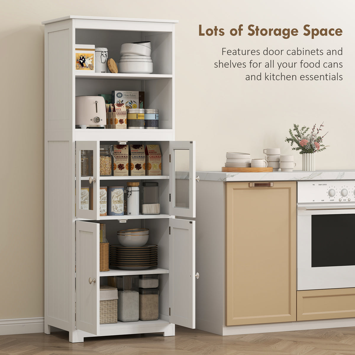 63" Small Buffet with Hutch, 4-Door Kitchen Pantry, Freestanding Storage Cabinet with Adjustable Shelf for – view 3
