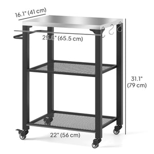 3-Shelf Outdoor Grill Cart Table with Side Handle, Stainless Steel Pizza Oven Stand on Wheels, Black – view 16