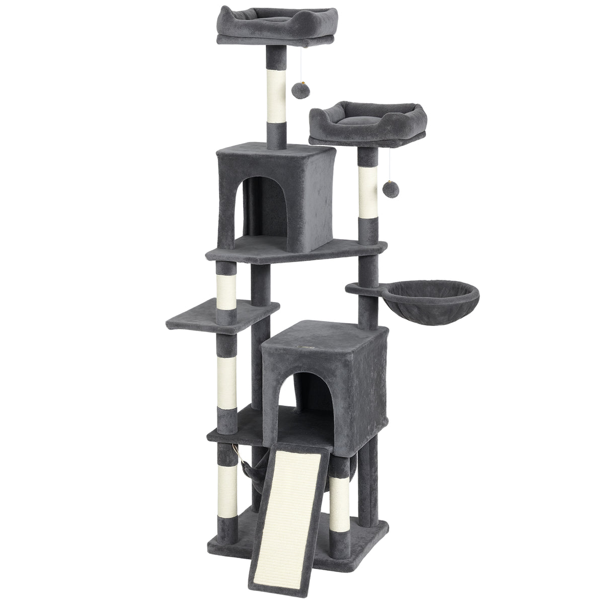 Cat Tree, 70" Multi-Level Cat Tower with 2 Condos, 2 Perches, Hammock, Toy Balls