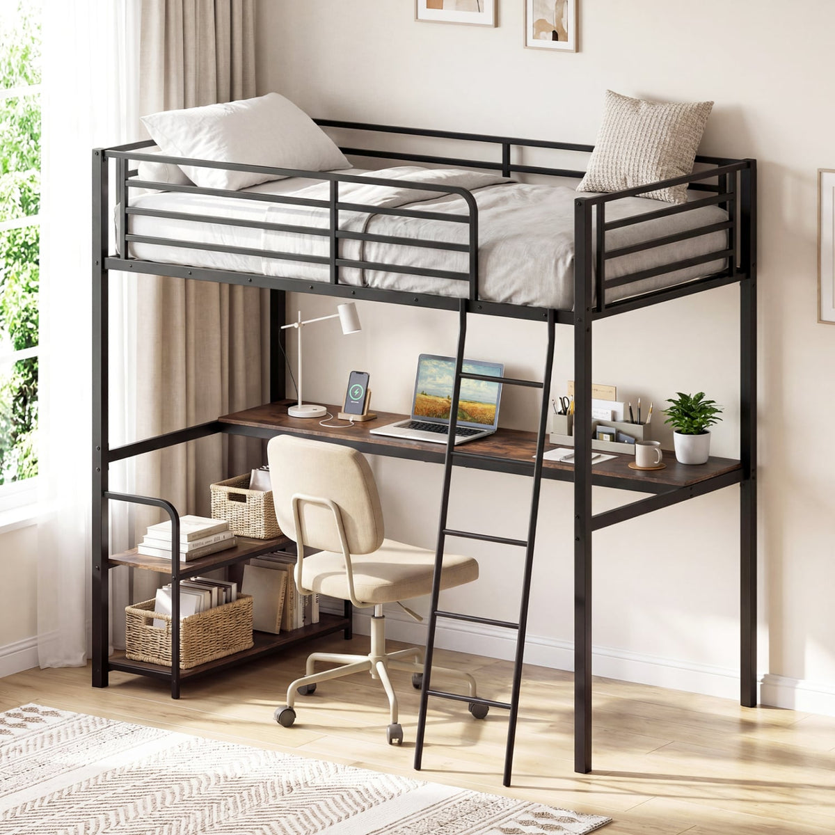 Twin Loft Bed with Desk and Shelves for Kids and Adults-Rustic Brown view 3