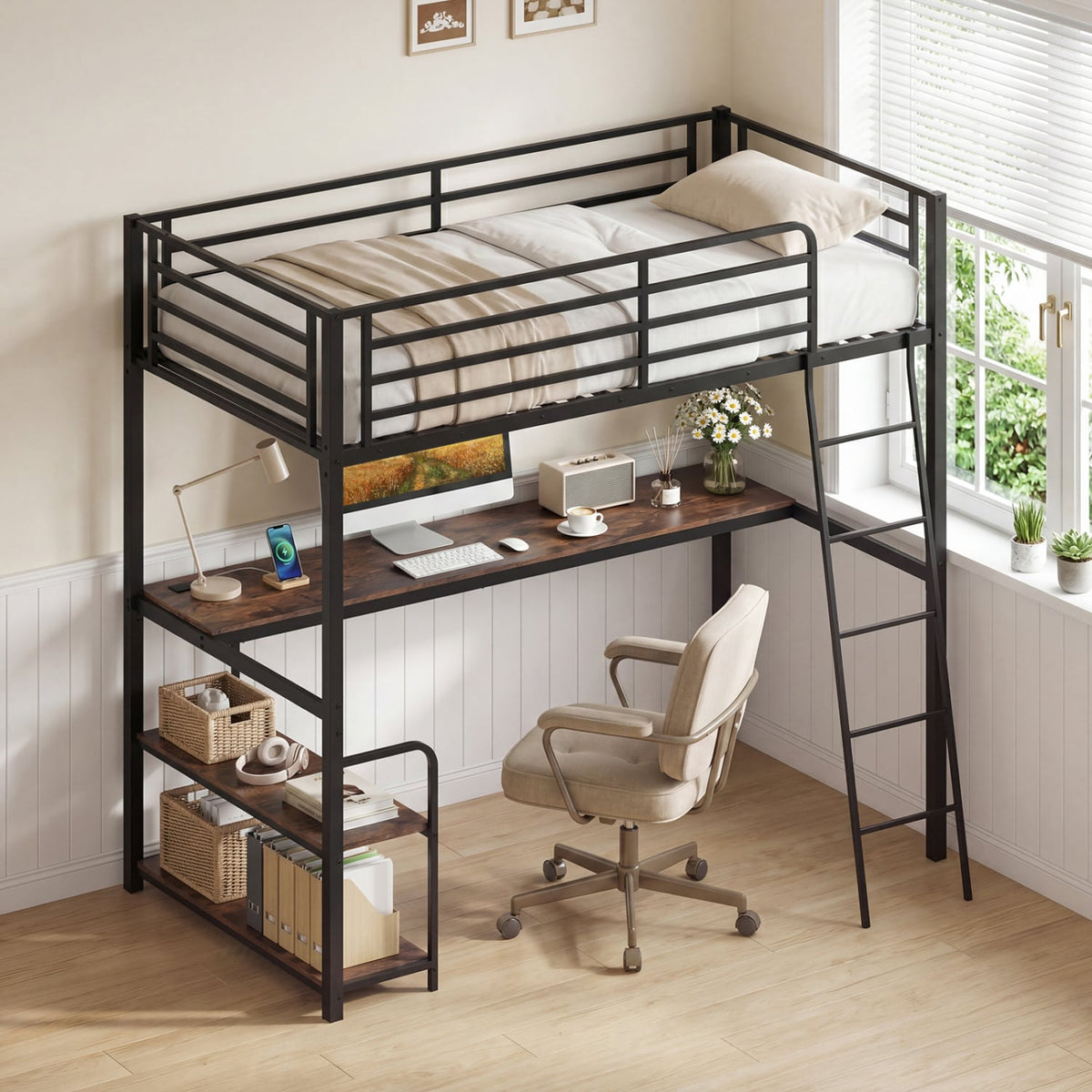 Twin Loft Bed with Desk and Shelves for Kids and Adults-Rustic Brown view 2