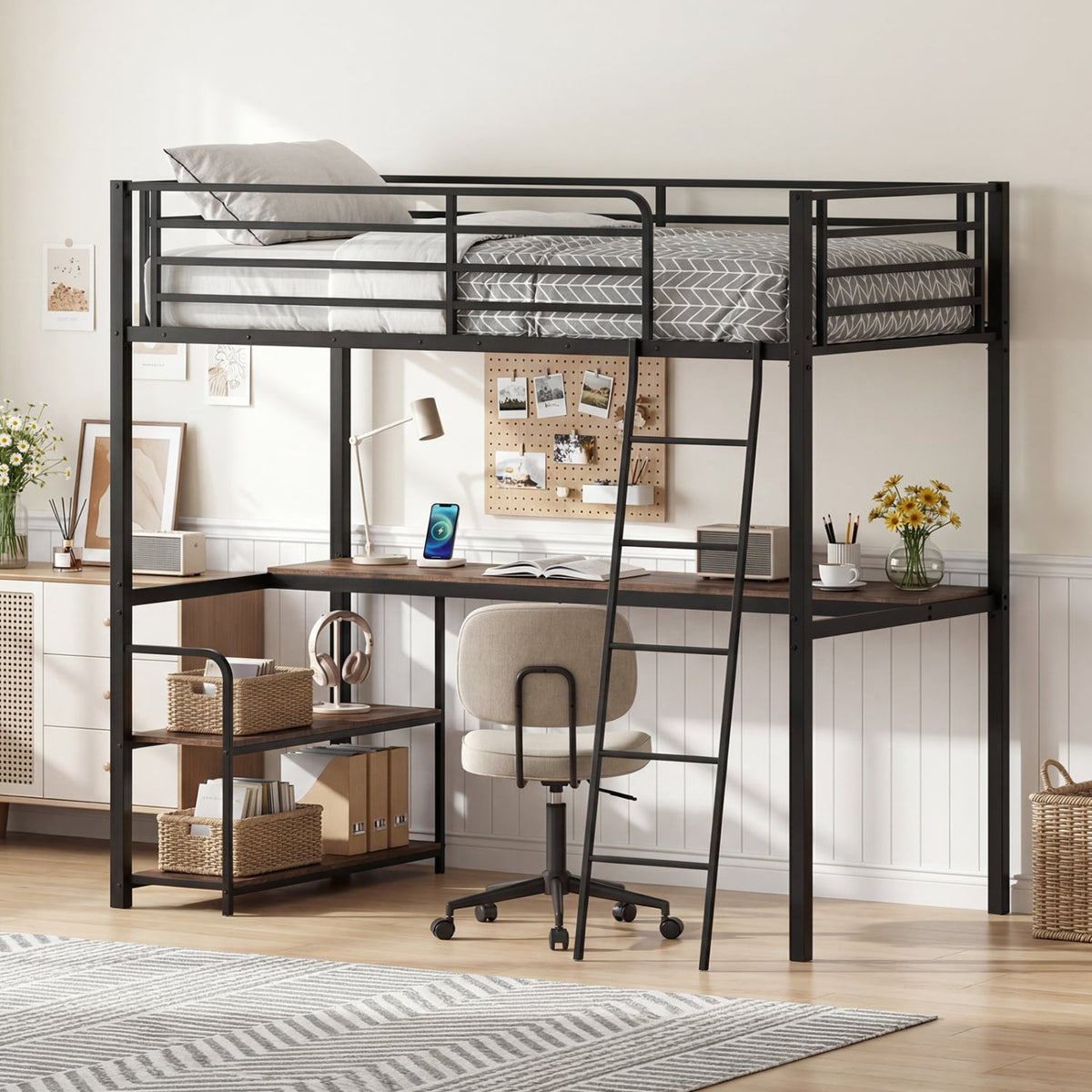 Twin Loft Bed with Desk and Shelves for Kids and Adults-Rustic Brown view 9