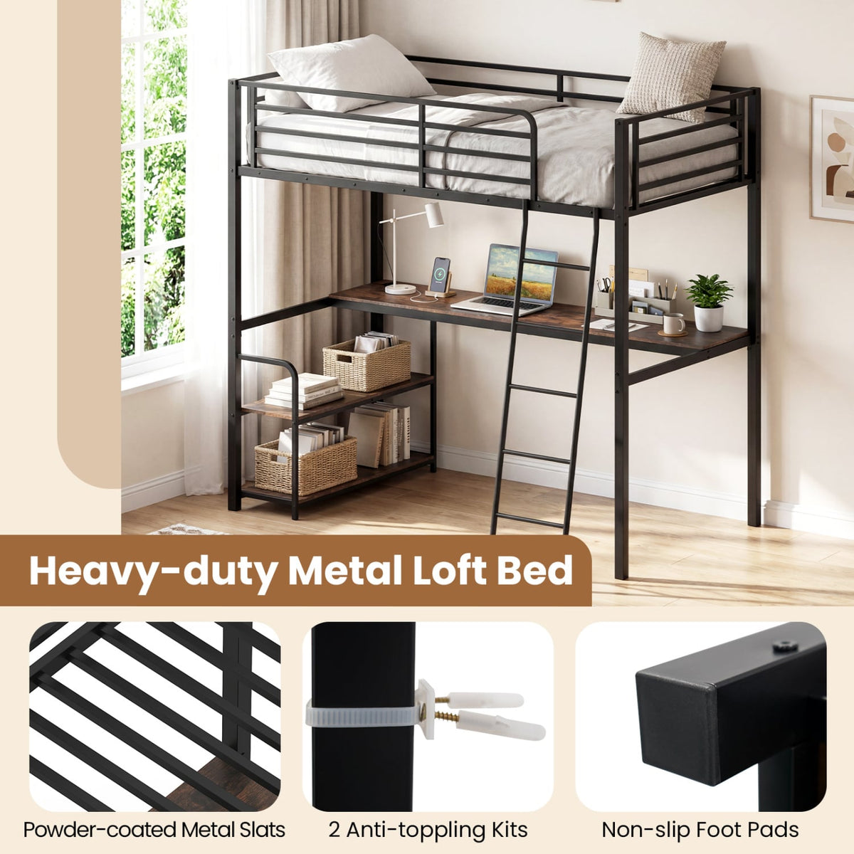Twin Loft Bed with Desk and Shelves for Kids and Adults-Rustic Brown view 7