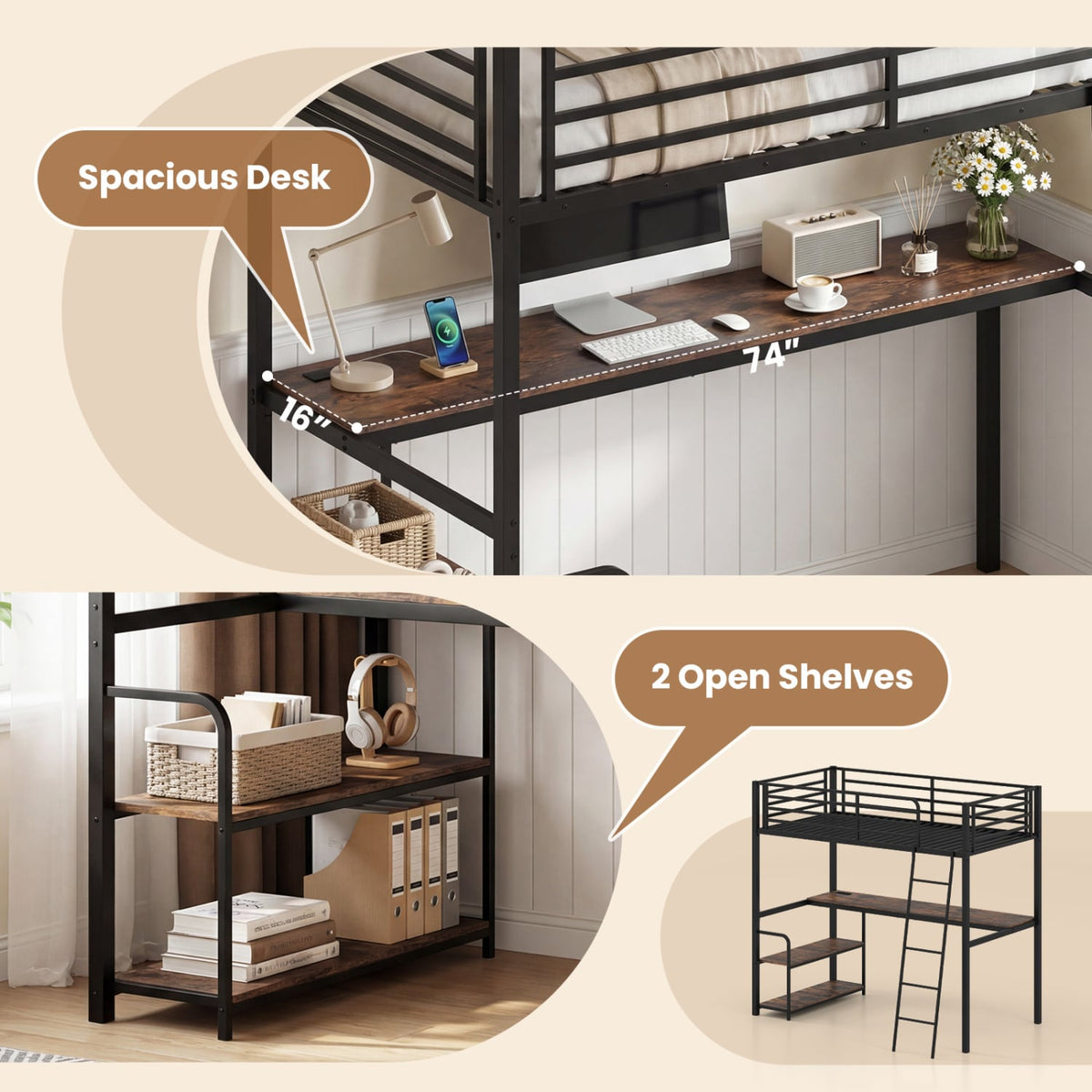Twin Loft Bed with Desk and Shelves for Kids and Adults-Rustic Brown view 6
