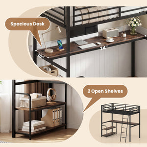 Twin Loft Bed with Desk and Shelves for Kids and Adults-Rustic Brown view 6