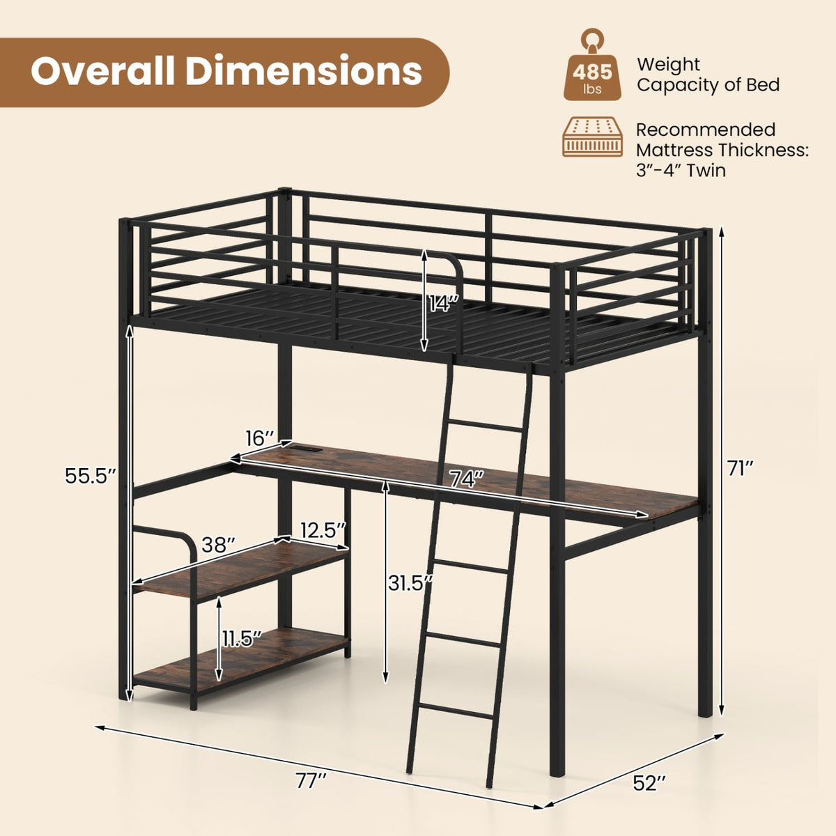 Twin Loft Bed with Desk and Shelves for Kids and Adults-Rustic Brown view 4
