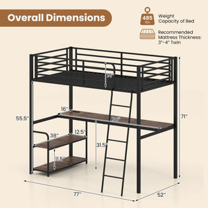 Twin Loft Bed with Desk and Shelves for Kids and Adults-Rustic Brown view 4