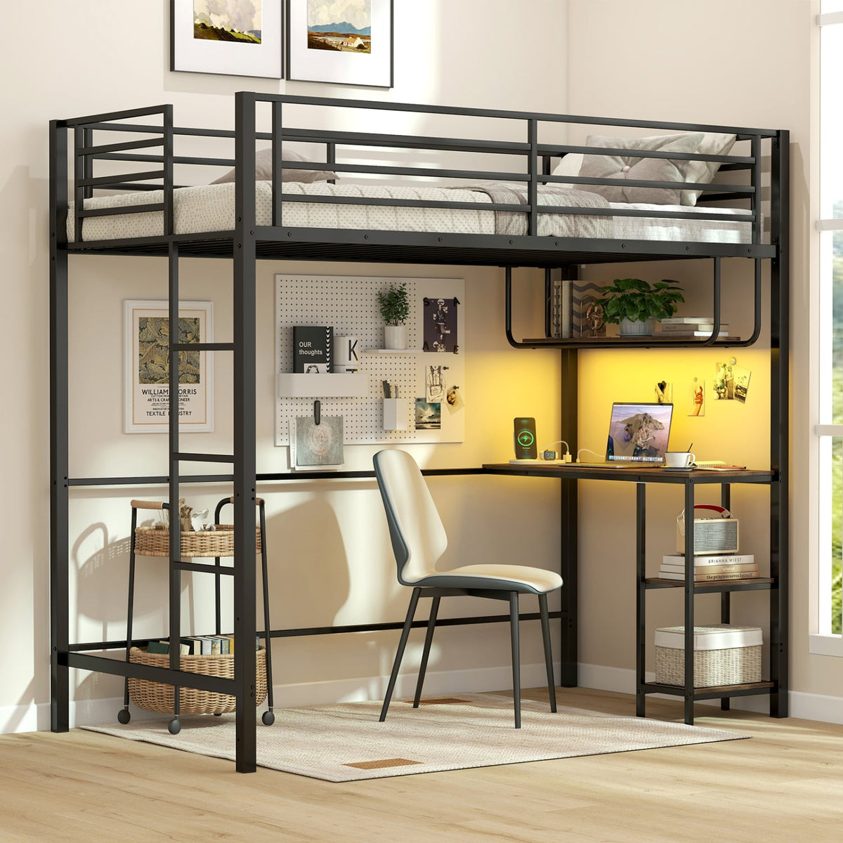 Twin Loft Bed with Desk LED Lights Charging Station Heavy-duty Metal Bed Frame with Guardrail-Black view 5
