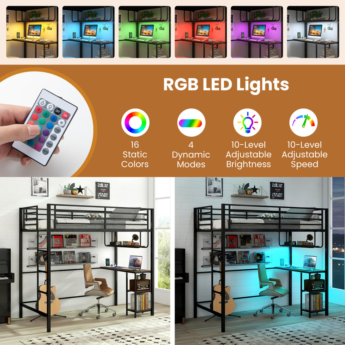 Twin Loft Bed with Desk LED Lights Charging Station Heavy-duty Metal Bed Frame with Guardrail-Black view 7