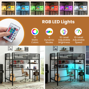 Twin Loft Bed with Desk LED Lights Charging Station Heavy-duty Metal Bed Frame with Guardrail-Black view 7