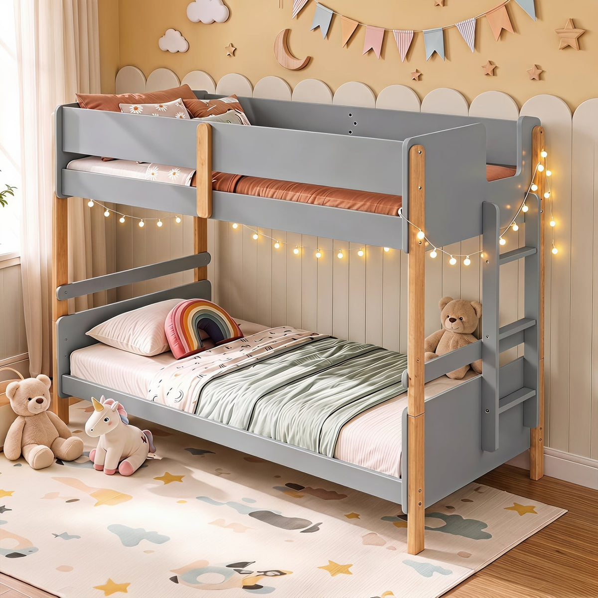 Twin Over Twin Bunk Bed with Ladder Convertible to 2 Twin Beds Toddler Wood Bunk Bed-Grey view 2
