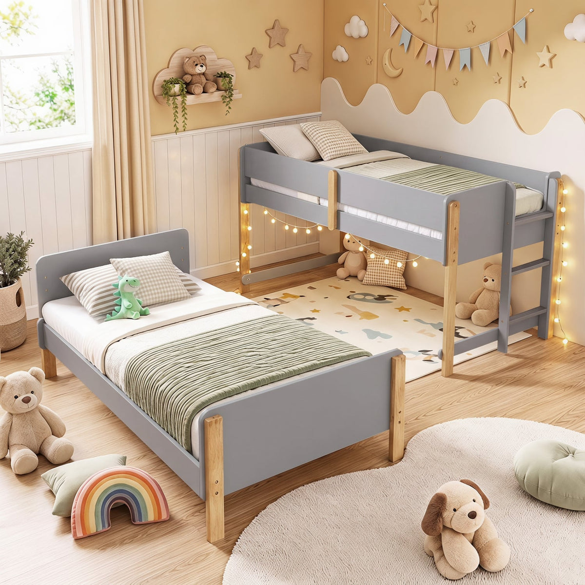 Twin Over Twin Bunk Bed with Ladder Convertible to 2 Twin Beds Toddler Wood Bunk Bed-Grey view 3