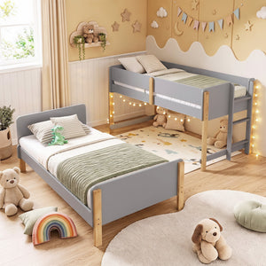 Twin Over Twin Bunk Bed with Ladder Convertible to 2 Twin Beds Toddler Wood Bunk Bed-Grey view 3