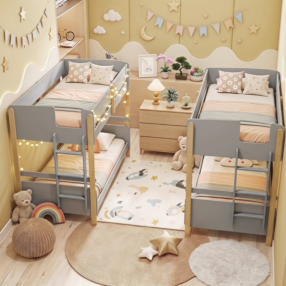 Twin Over Twin Bunk Bed with Ladder Convertible to 2 Twin Beds Toddler Wood Bunk Bed-Grey view 7