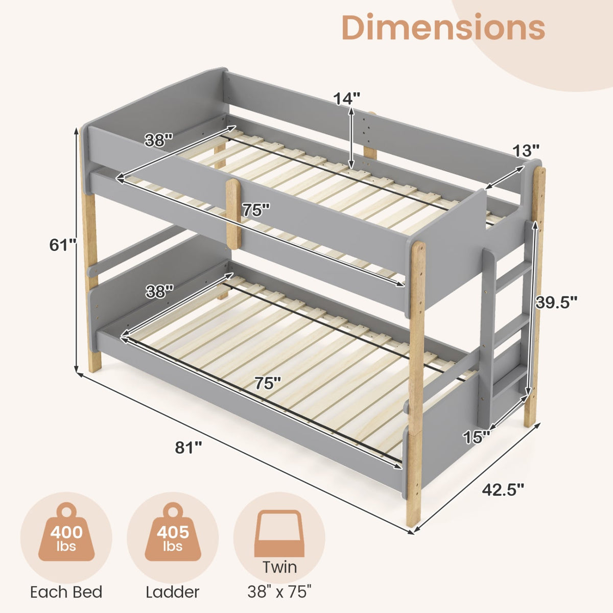 Twin Over Twin Bunk Bed with Ladder Convertible to 2 Twin Beds Toddler Wood Bunk Bed-Grey view 5