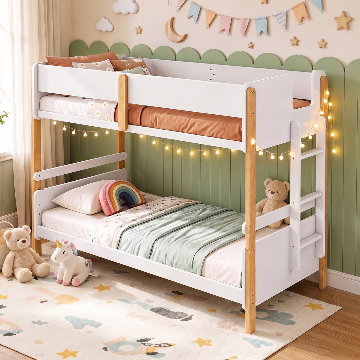 Twin Over Twin Bunk Bed with Ladder Convertible to 2 Twin Beds Toddler Wood Bunk Bed-White view 2