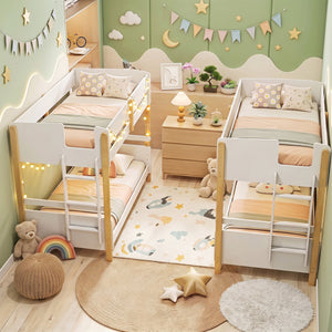 Twin Over Twin Bunk Bed with Ladder Convertible to 2 Twin Beds Toddler Wood Bunk Bed-White view 7