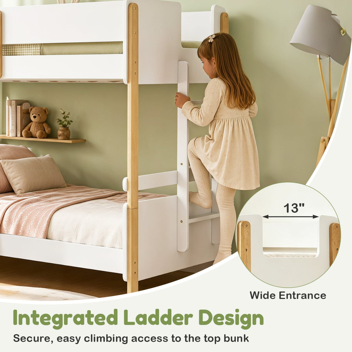 Twin Over Twin Bunk Bed with Ladder Convertible to 2 Twin Beds Toddler Wood Bunk Bed-White view 9